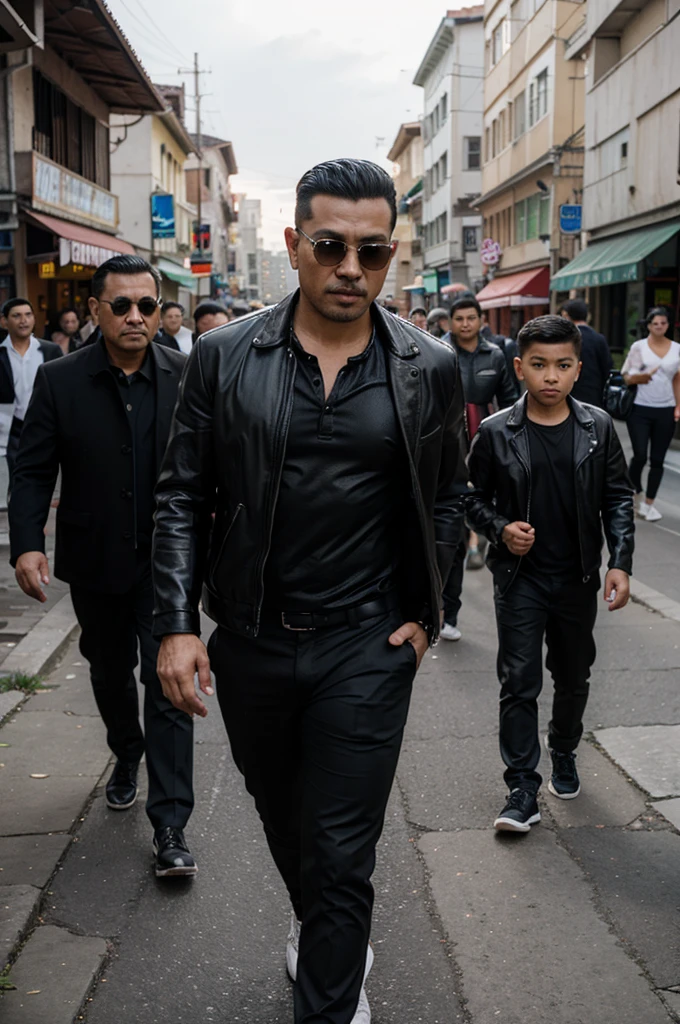 A handsome 35 year old Indonesian mafia boss is walking with his handsome 3 year old boy, wearing a shiny black leather jacket, Undercut hair is combed neatly, background of a group of mafia people, real photo, clear photo, professional photo, full HD, 4k