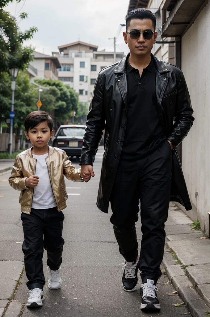 A handsome 35 year old Indonesian mafia boss is walking with his handsome 3 year old boy, wearing a shiny black leather jacket, Undercut hair is combed neatly, background of a group of mafia people, real photo, clear photo, professional photo, full HD, 4k 