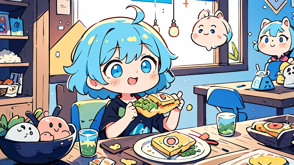 1 female, Light blue hair,　short hair、Happy,cute, animation style, kawaii, clearly, colorful cyberpunk, bubblegum pop, cute、Pink and light blue as main colors、eating omelet rice、