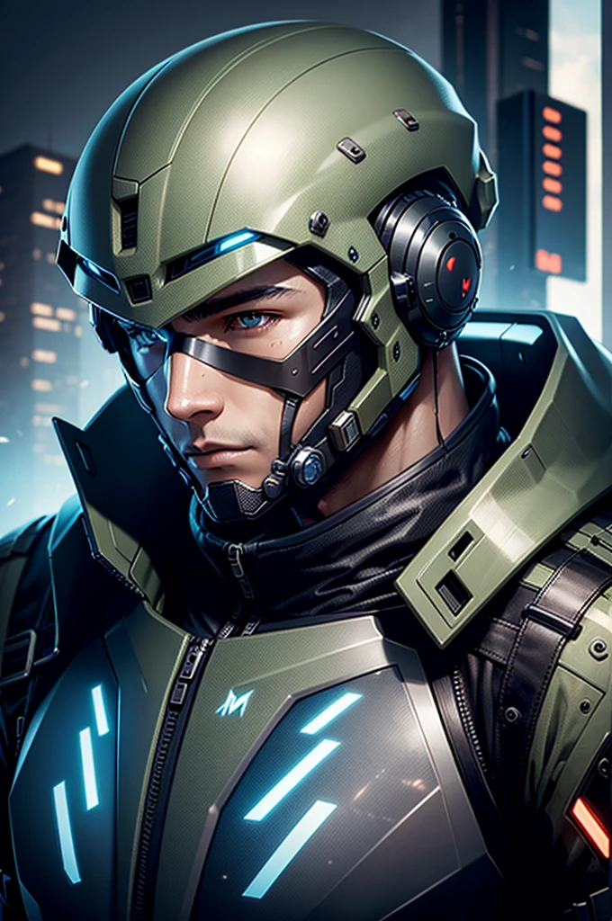 Wearing an advanced cybernetic suit、Realistic camouflage combat male with cyberpunk tech helmet,Half face