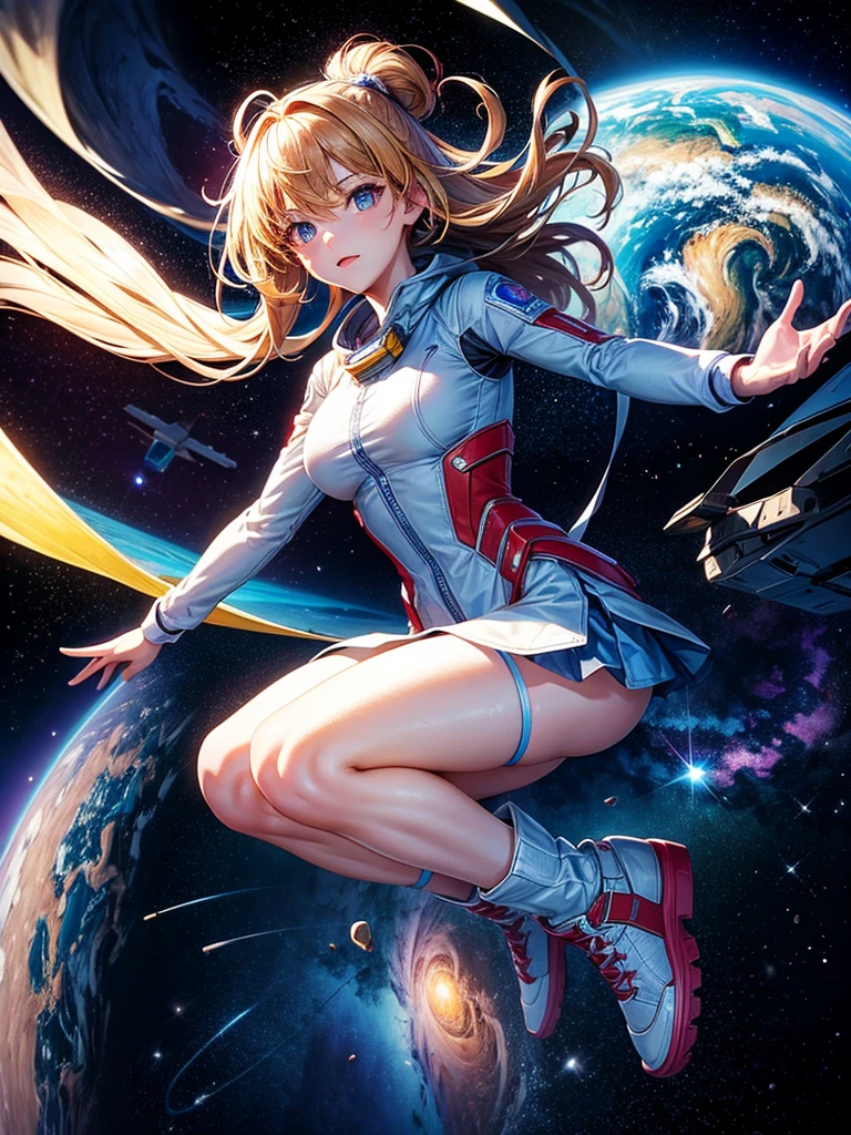 Highest quality,Highest Resolution,A beautiful girl from the future flying in space,Earth in the background,Milky Way,