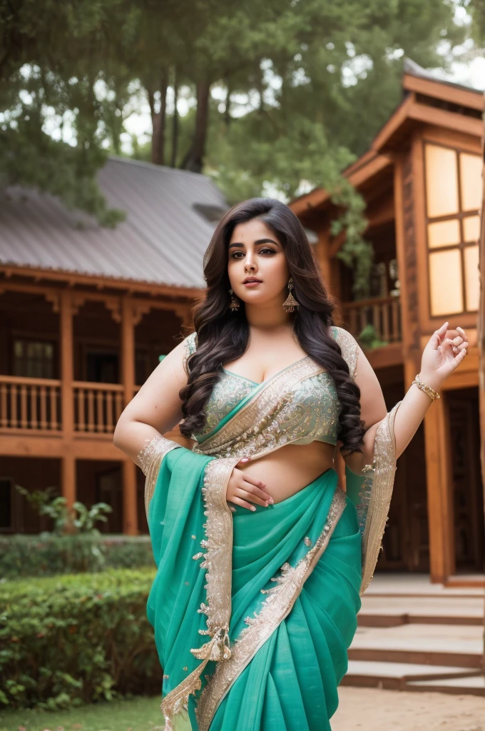 1 Heavenly beautiful and goddess beauty cute and sweet looking face Arabian woman in front of forest house, Heavenly beautiful Overweight, Heavenly beautiful Extremely fat, Heavenly beautiful and attractive Chubby figure , Heavenly beautiful looking and eye catching luxury style saree , reaching out, Heavenly beautiful Arabian woman, 16k, High resolution, masterpiece, highest quality, fine skin, close up figure view, Realistic Photograph