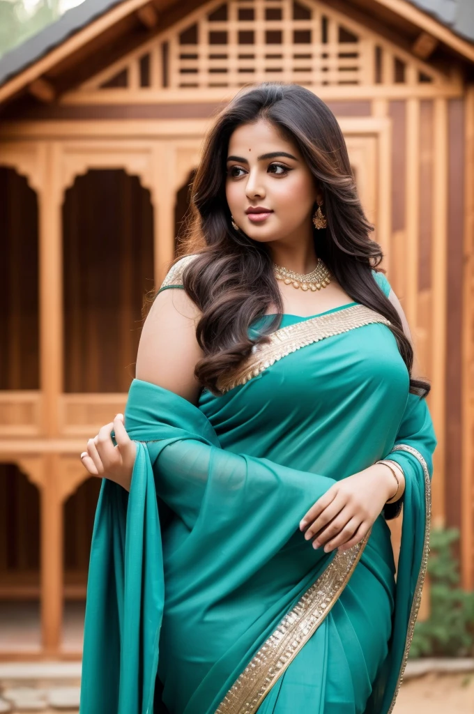 1 Heavenly beautiful and goddess beauty cute and sweet looking face Arabian woman in front of forest house, Heavenly beautiful Overweight, Heavenly beautiful Extremely fat, Heavenly beautiful and attractive Chubby figure , Heavenly beautiful looking and eye catching luxury style saree , reaching out, Heavenly beautiful Arabian woman, 16k, High resolution, masterpiece, highest quality, fine skin, close up figure view, Realistic Photograph