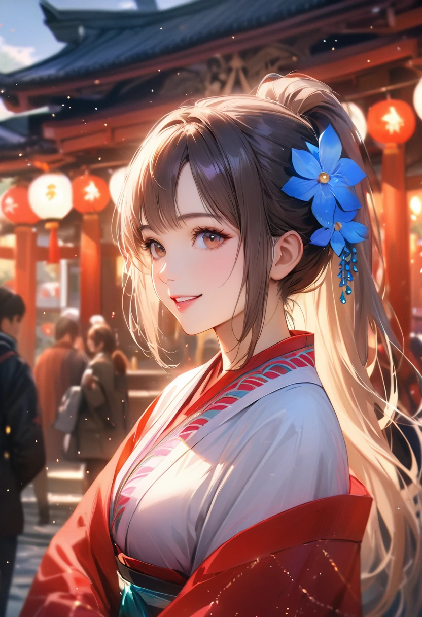 Shrine grounds, Clear sky with white clouds, Shrine maiden, Blur the background,young woman,ponytail,smile,Glitter effect,Highest quality, 8K, High resolution, masterpiece:1.2, Very detailed, Realistic:1.37, High resolution, 超High resolution, Ultra-fine painting, Very detailed, Professional, Vibrant colors