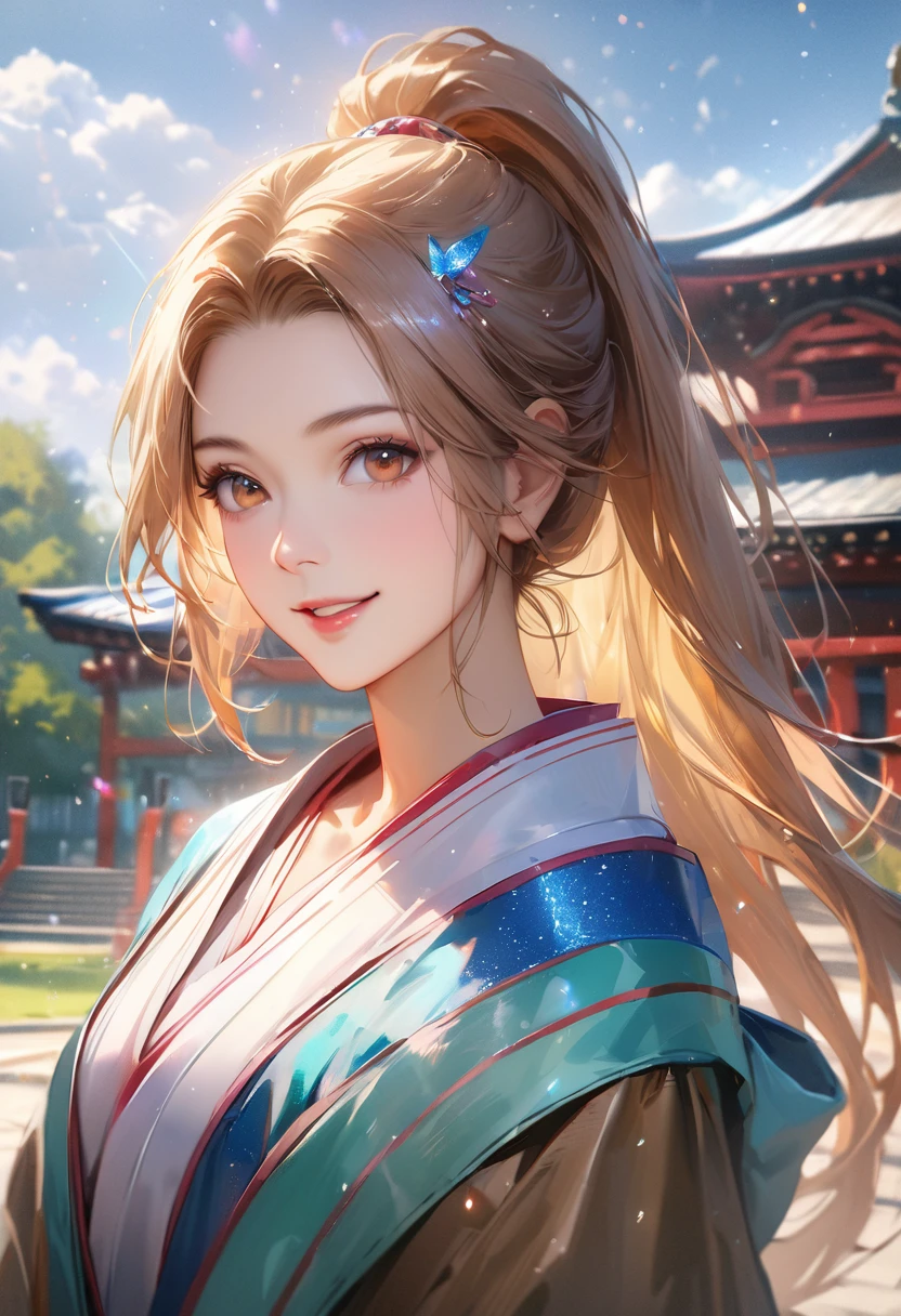 Shrine grounds, Clear sky with white clouds, Shrine maiden, Blur the background,young woman,ponytail,smile,Glitter effect,Highest quality, 8K, High resolution, masterpiece:1.2, Very detailed, Realistic:1.37, High resolution, 超High resolution, Ultra-fine painting, Very detailed, Professional, Vibrant colors