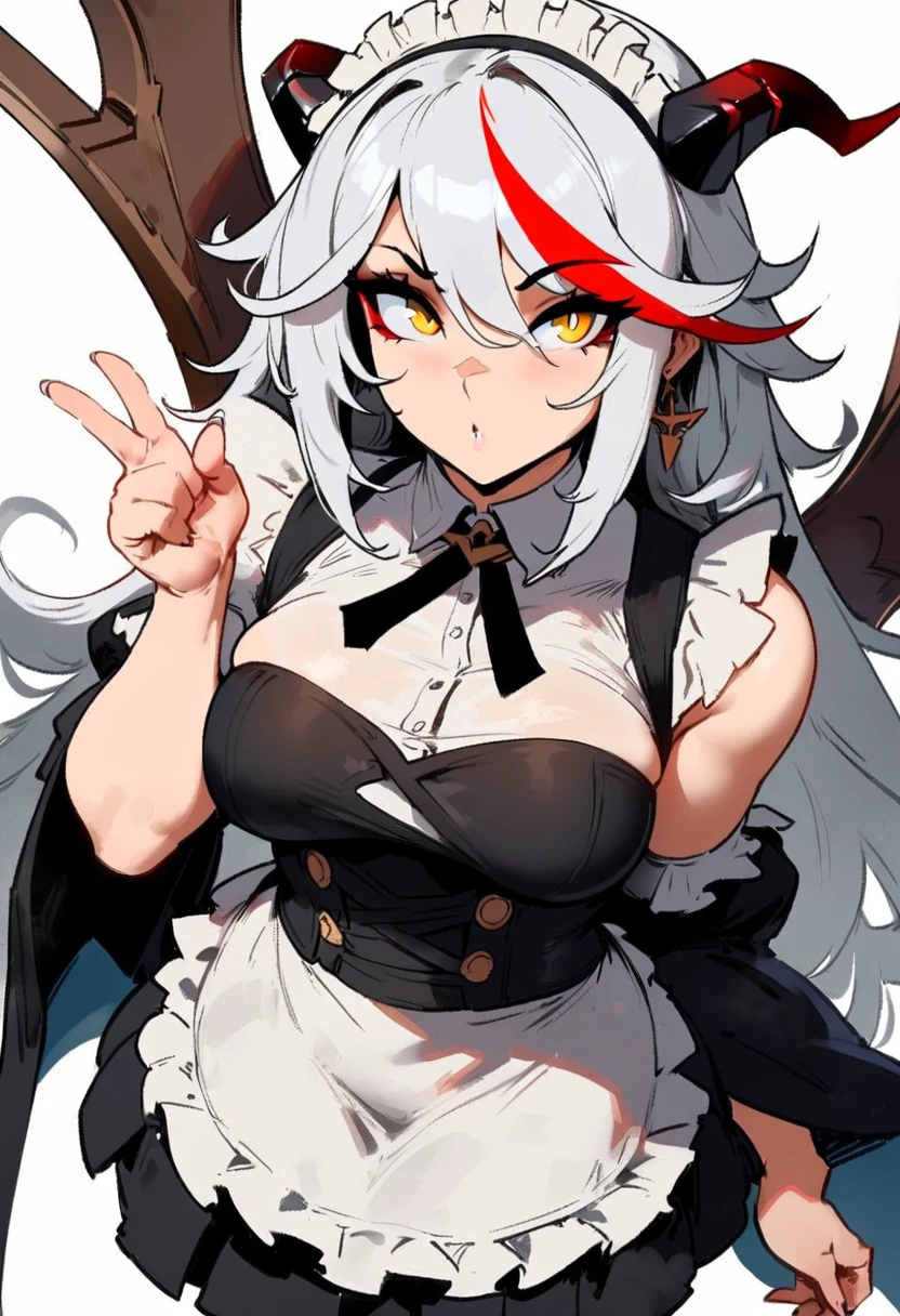 1girl, aegir \(azur lane\), azur lane \\\\\ masterpiece, best quality, very aesthetic, absurdres, newest \\\\\\ sportive body, \\\\\\ by nyantcha,,by cutesexyrobutts,by khyle ///// white hair with a single prominent red streak, black horns, yellow eyes, \\\\\\ white background,standing, maid outfit