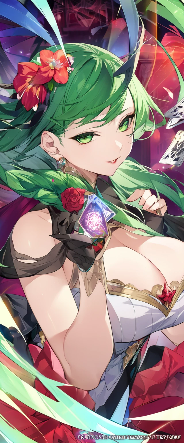 (masterpiece, Highest quality, Highest quality, Official Art, beautifully、aesthetic:1.2), (One girl:1.3), (Fractal Art:1.3), card, Tarot, Green Hair, Twin Blade, Hair Flowers, (Good lighting:1.1), ((High resolution)), Tarot card style