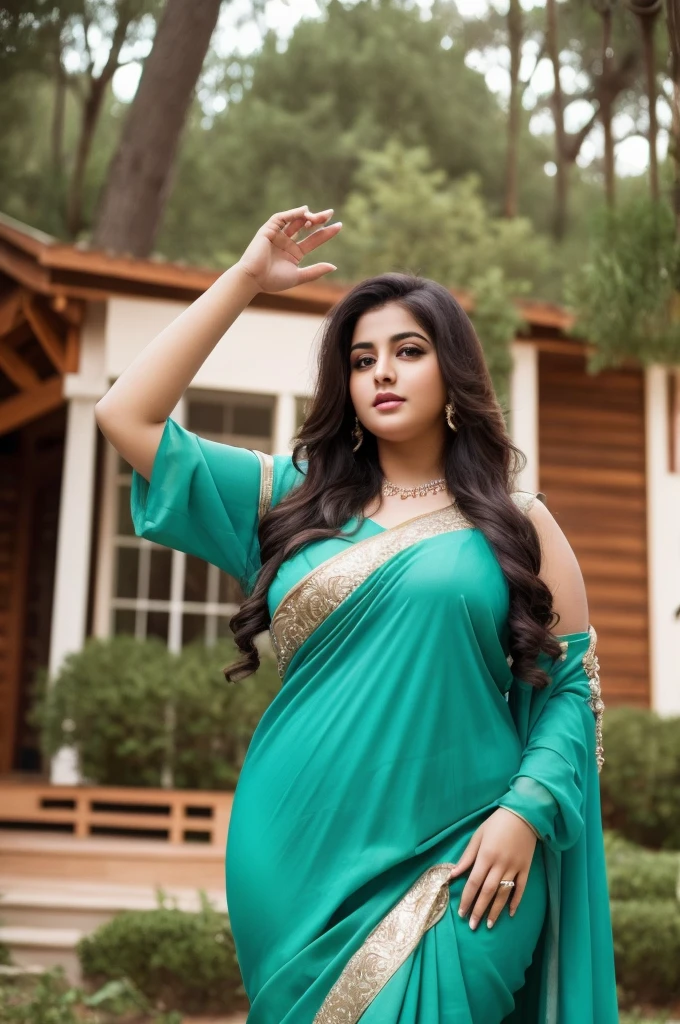 1 Heavenly beautiful and goddess beauty cute and sweet looking face Arabian woman in front of forest house, Heavenly beautiful Overweight, Heavenly beautiful Extremely fat, Heavenly beautiful and attractive Chubby figure , Heavenly beautiful looking and eye catching luxury style saree , reaching out, Heavenly beautiful Arabian woman, 16k, High resolution, masterpiece, highest quality, fine skin, close up figure view, Realistic Photograph