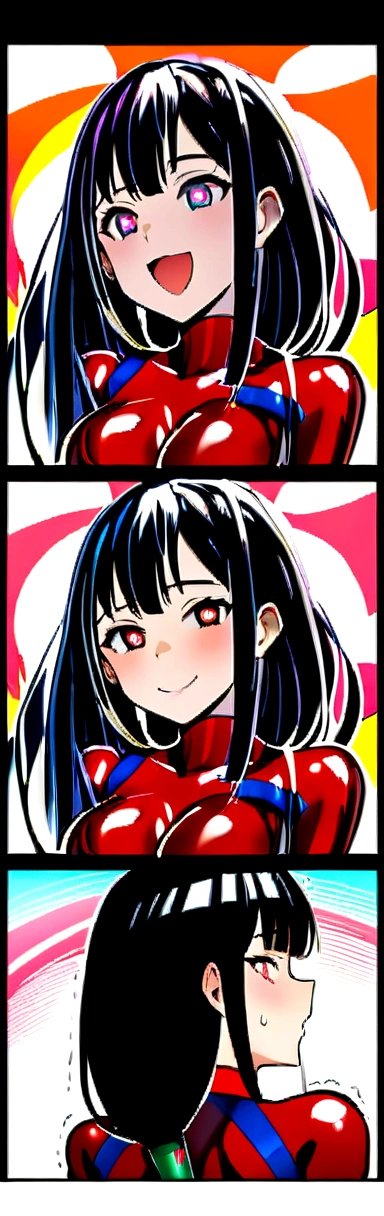 View from behind,Colorful background ,1girl,heart-shaped pupils,hands on tongue,black hair,blue eyelush:1.1),whole body trembling,sweat,sweatdrop,heart,(speed lines:1.1),medium breasts, ((heavy breathing:1.3)), love, heart, , happy, smile, tight red latex , view from behind breasts bouncing, latex