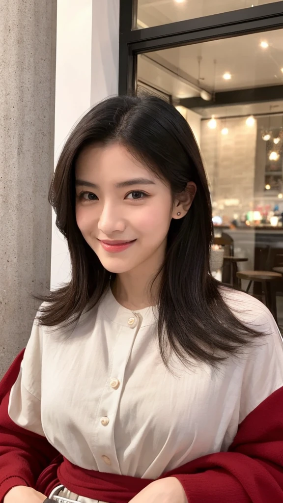 ((Top quality, 8K, masterpiece: 1.2)), beautiful, pure, Oval face, Kind and lovely, sweet smile, pure Desire, slim body, ((front)), (Looking at the camera), Wear a casual suit, Medium Length Hair, Long shoulders, Big, round, black eyes, A pair of big clear eyes, Hydrating red lips, Sweet, sit on the chair, Coffee shop background, ((Waist Shot)),