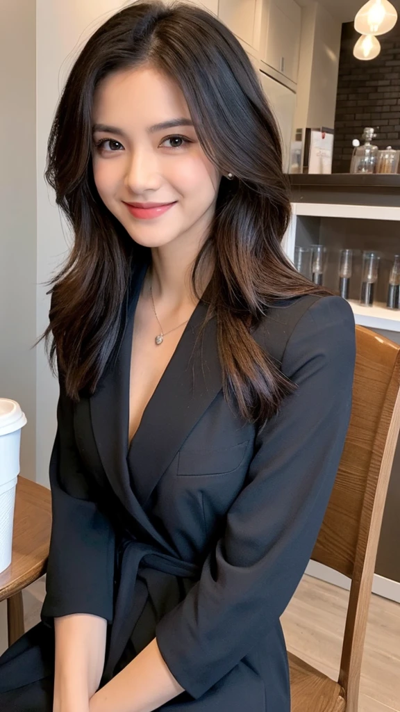 ((Top quality, 8K, masterpiece: 1.2)), beautiful, pure, Oval face, Kind and lovely, sweet smile, pure Desire, slim body, ((front)), (Looking at the camera), Wear a casual suit, Medium Length Hair, Long shoulders, Big, round, black eyes, A pair of big clear eyes, Hydrating red lips, Sweet, sit on the chair, Coffee shop background, ((Waist Shot)),