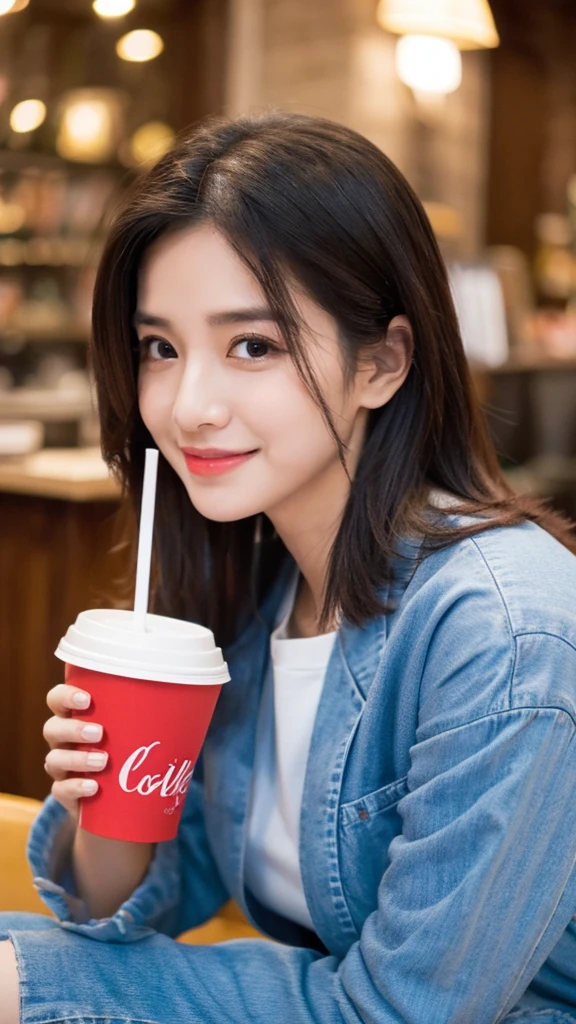 ((Top quality, 8K, masterpiece: 1.2)), beautiful, pure, Oval face, Kind and lovely, sweet smile, pure Desire, slim body, ((front)), (Looking at the camera), Wear a casual suit, Medium Length Hair, Long shoulders, Big, round, black eyes, A pair of big clear eyes, Hydrating red lips, Sweet, sit on the chair, Coffee shop background, ((Waist Shot)),