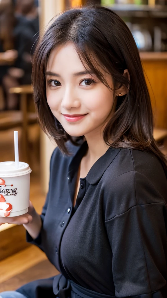 ((Top quality, 8K, masterpiece: 1.2)), beautiful, pure, Oval face, Kind and lovely, sweet smile, pure Desire, slim body, ((front)), (Looking at the camera), Wear a casual suit, Medium Length Hair, Long shoulders, Big, round, black eyes, A pair of big clear eyes, Hydrating red lips, Sweet, sit on the chair, Coffee shop background, ((Waist Shot)),