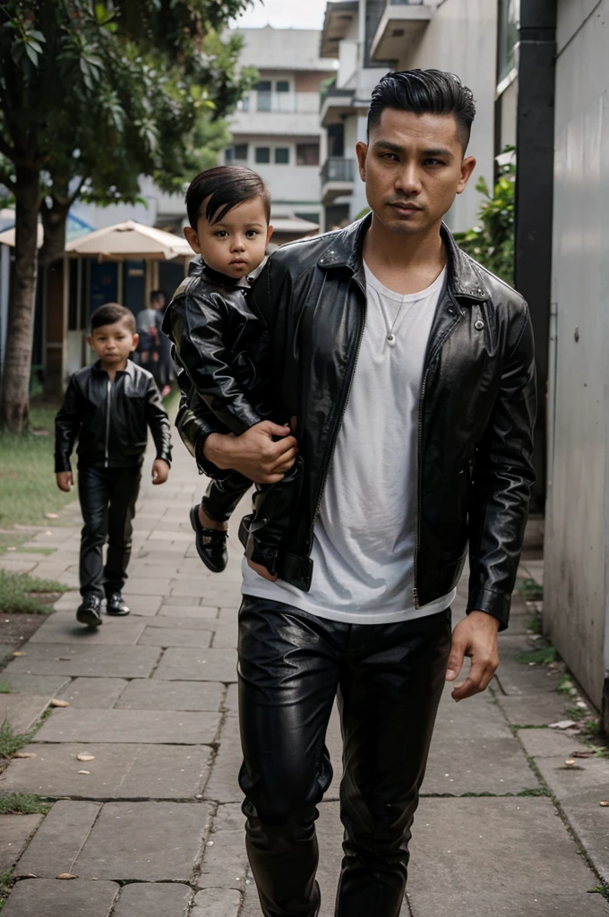 A handsome 35 year old Indonesian mafia boss is walking with his handsome 3 year old boy, wearing a shiny black leather jacket, Undercut hair is combed neatly, background of a group of mafia people, real photo, clear photo, professional photo, full HD, 4k
