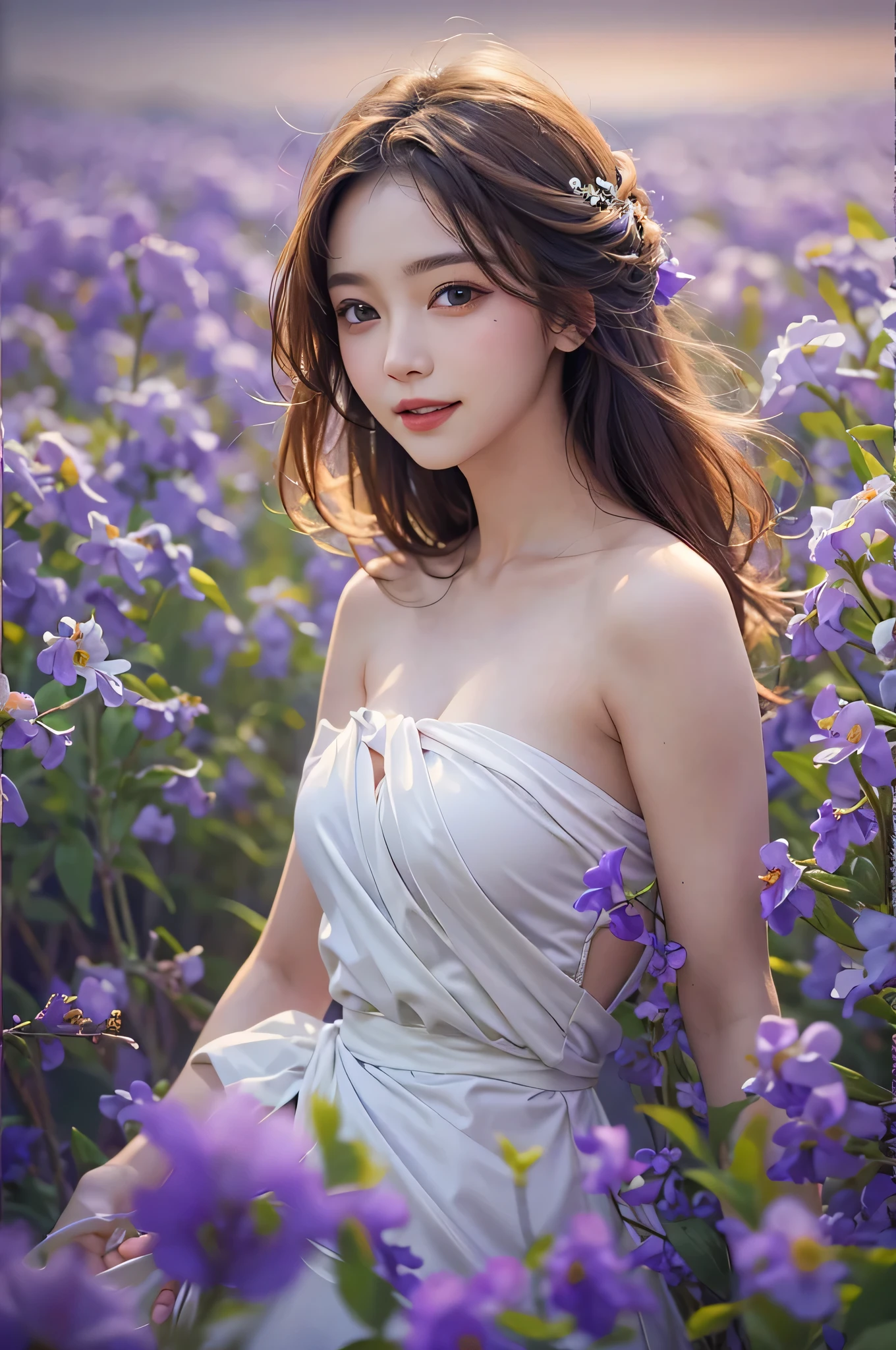 best quality, masterpiece, Ultra-high resolution, (Reality:1.4), RAW photos, 1 Girl, White Dress, Off-shoulder, Blooming violet flower field, Radiant Skin, Smile,Big breasts,