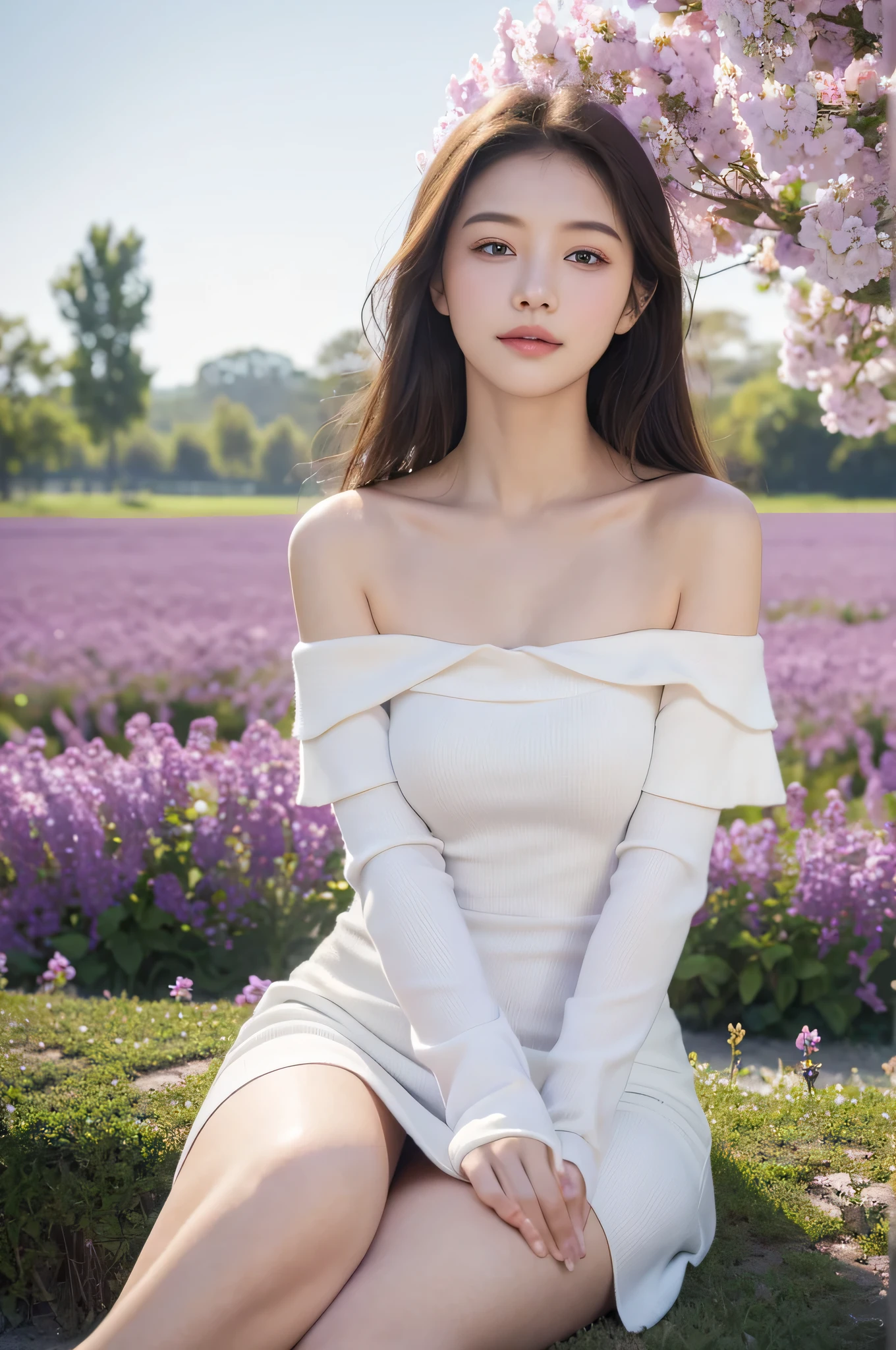 best quality, masterpiece, Ultra-high resolution, (Reality:1.4), RAW photos, 1 Girl, White Dress, Off-shoulder, Blooming violet flower field, Radiant Skin, A faint smile,Big breasts