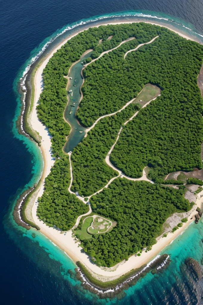 An island with vegetation and varied relief, a 3D image seen from above 
