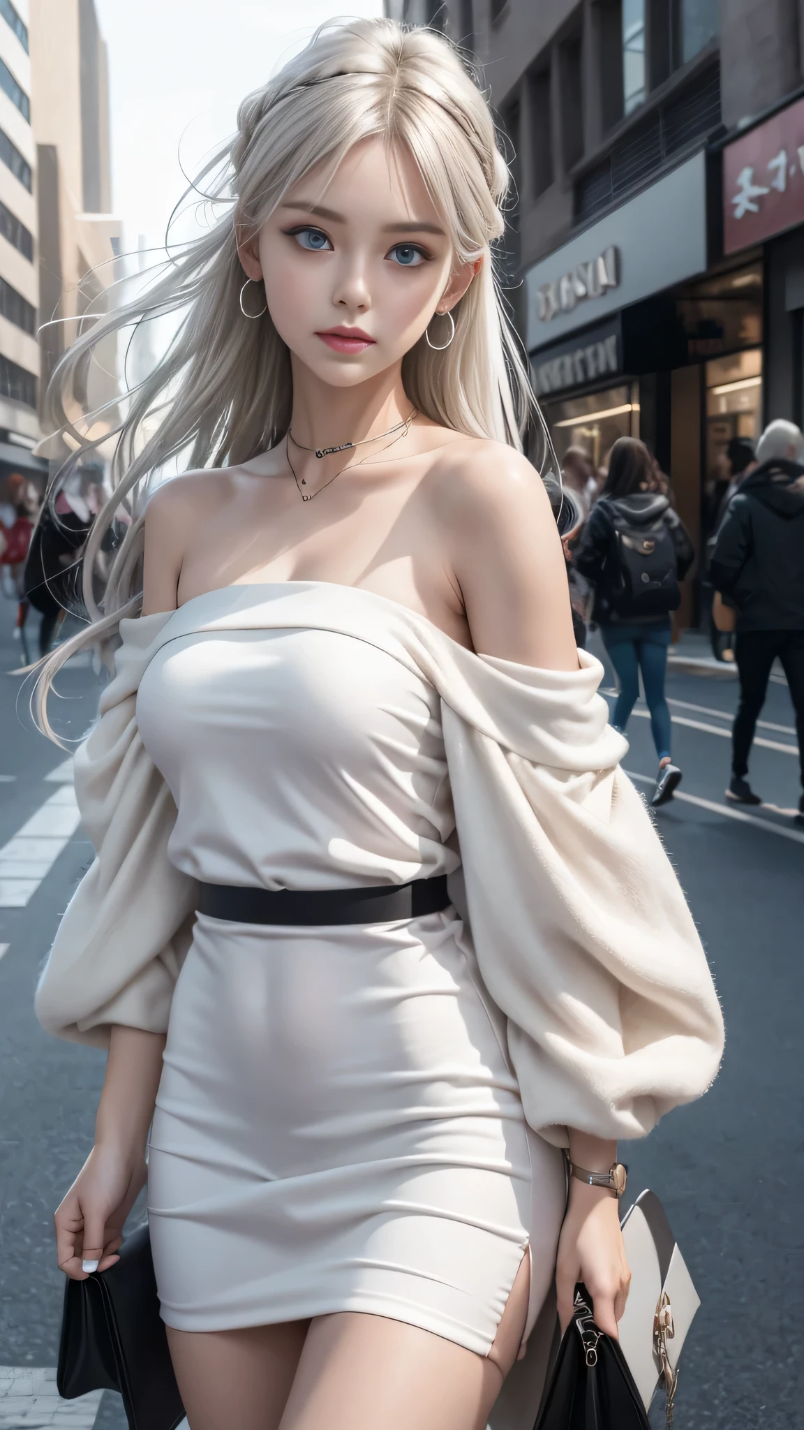 Double whirlwind pattern design clothing,Heterochromatic pupil,Silver Haired Girl,Free high resolution,Off the shoulder、Off the shoulder semi-transparent pure white dress