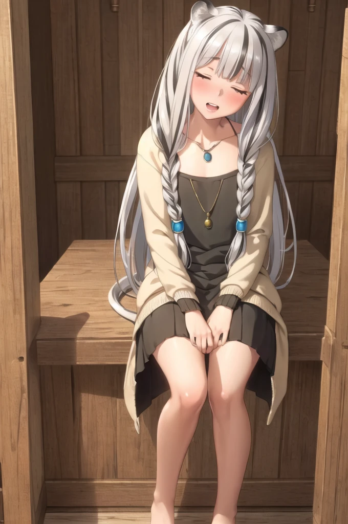 ((masterpiece)), (best quality), (ultra-detailed), photorealistic, (best illustration), ((an extremely delicate and beautiful)), 1girl, solo, long hair, tiger ears, white hair, two-tone hair, facing viewer, sweater, ribbed sweater, barefoot, one leg standing, split, holding one leg, closed eyes, short sleeves, indoors, low twin braids, twin braids, hair ornament, blush, head tilt, drinks,  bar, upper teeth, flat chest, young, aged down, happy, collarbone, necklace,