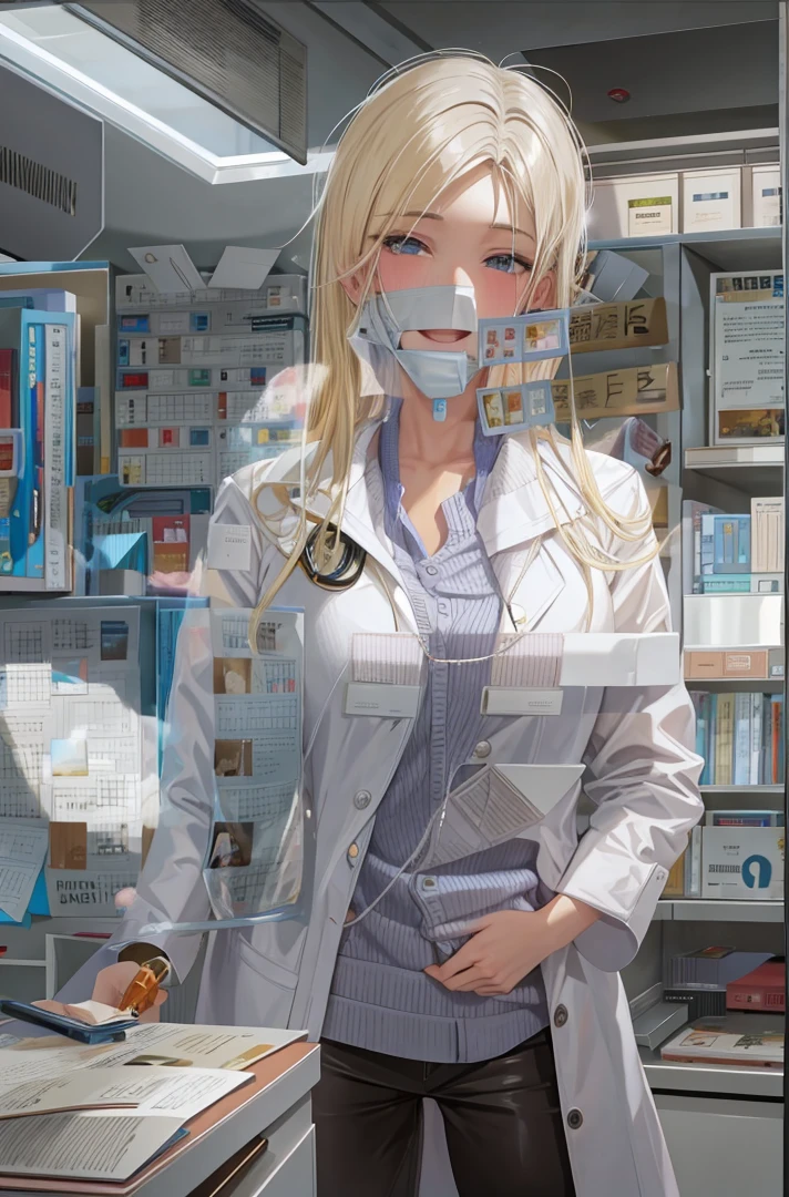 Blonde girl in casual clothes standing in library,Holding a book, Wear a casual jacket and shirt, teacher, (teacher), Wearing a lab coat, Wearing lab coat and glasses, Wearing a lab coat, doctor, Most models | Artistic Germ, Wearing a lab coat, Wearing a lab coat, author:Yang Jie, Perfect white-haired girl