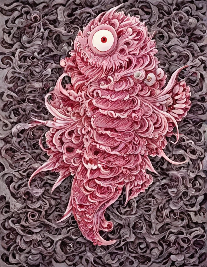 C(disturbing:1.15) entity amidst a labyrinth of Escher-like geometries. Its sinewy, (metallic parts:1.05) should interlace with the patterns, making it difficult to discern where the she (evil sushi:1.1) fish (roe face:1.25) creature ends and the background begins. The patterns should seem to pulsate with the creature's (unnatural:1.05) life.(Horror:1.15), (liquid melting and dripping brain:1.15),hot spicy sauce, painfull spicy, 1million scoville, painted with a chainsaw,hyperrealistic, photorealistic, Ancient one,(gigercraft:1.1), (c1bo:1.1),
