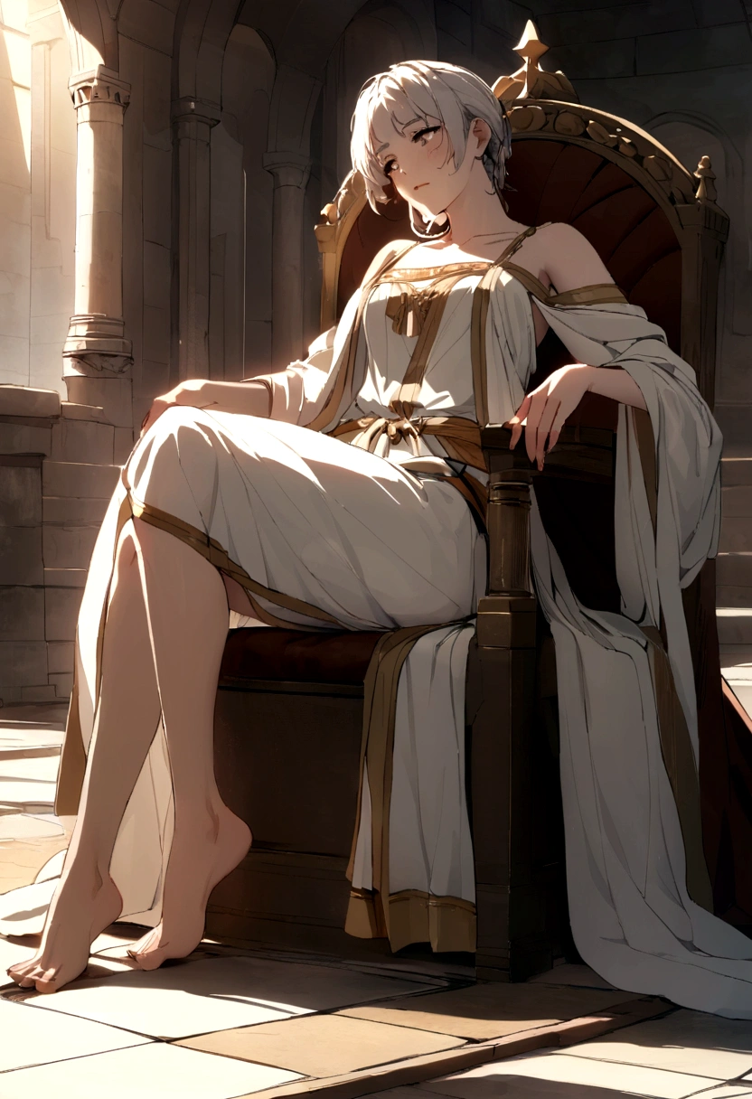roman baths,White short hair girl,Perfect face,sit with legs crossed,Cross your legs,Sitting on a stone throne,The light source is the oblique sunset,There is some blood on the face when the sun hits it,Queen,The position is lying on the side,Bathrobe,Bathing,greek clothing