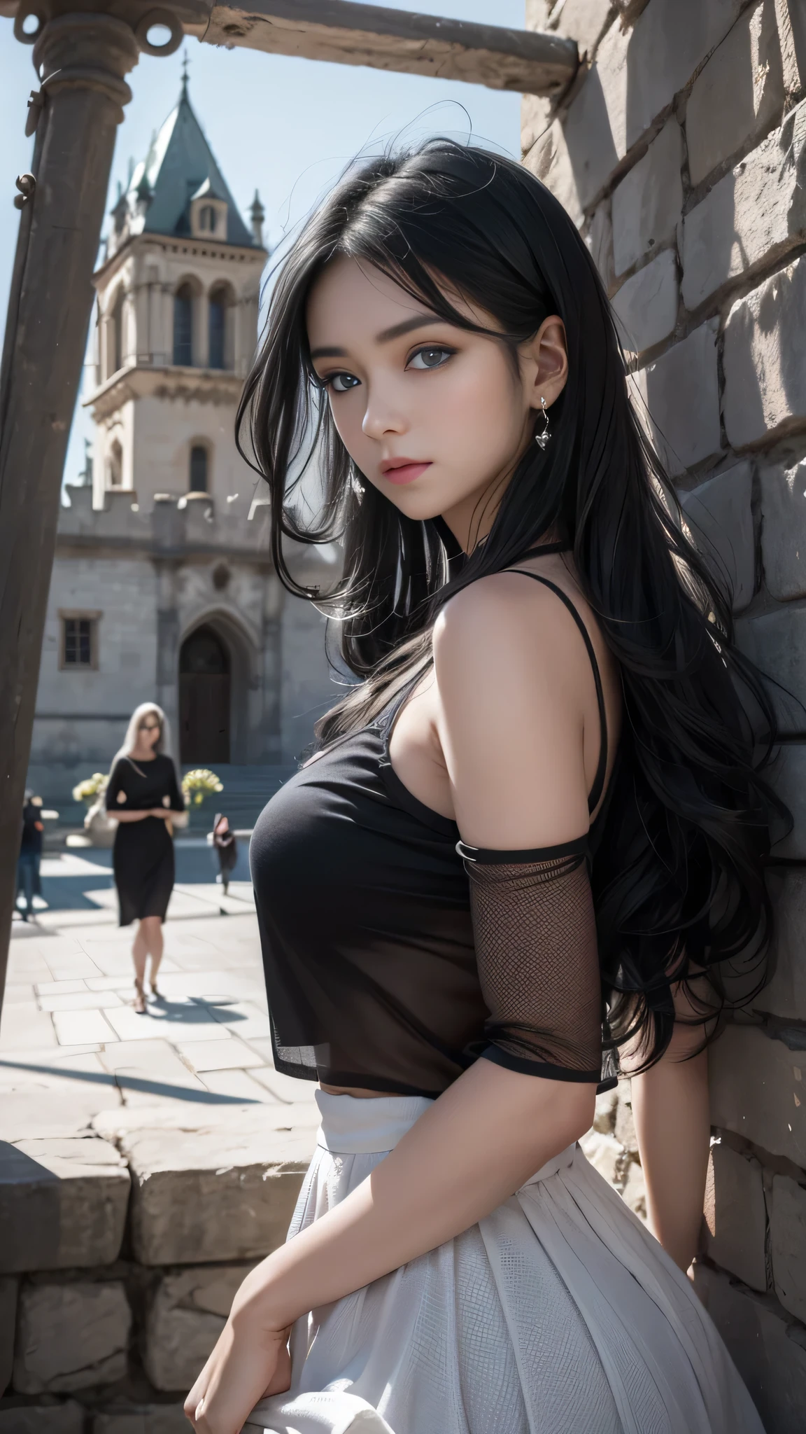 two(Girl standing in front of the wall of an old castle))、Fluorescent color、1 Girl、Look to the side、Beautiful Face、Beautiful Eyes、（Off the shoulder：1.2）、Upper Body、Shiny Hair、Glowing Skin、 Reduce glare、Adjusted finger proportions、escrow、ass pov、Dynamic Angle、(((Master Parts)))、(((Highest quality)))、(((Super-detailed))) detailed）、（An illustration）、（Detailed light）、（Very delicate and beautiful）、dramatic_Shadow、Ray_Tracking、reflection、 Ultra-high resolution、((Colorful and black hair mesh girls))、 Her hair flutters in the wind、(big deep blue eyes)、Black-haired woman、 Sparkling butterfly、Black-haired woman、Points of light around the woman、Magical Aura、Green dot、About Auras Nature、超Magical AuraBlack-haired woman,((Off the shoulder semi-transparent white dress:1.3))、(Sleeveless)、((My skirt is flying up in the wind)),((An old European castle looms in the distance)),Heavy whirlwind pattern design clothing，Heterochromatic pupil，Silver Haired Girl，Free high resolution,Off the shoulder、Off the shoulder semi-transparent pure white dress