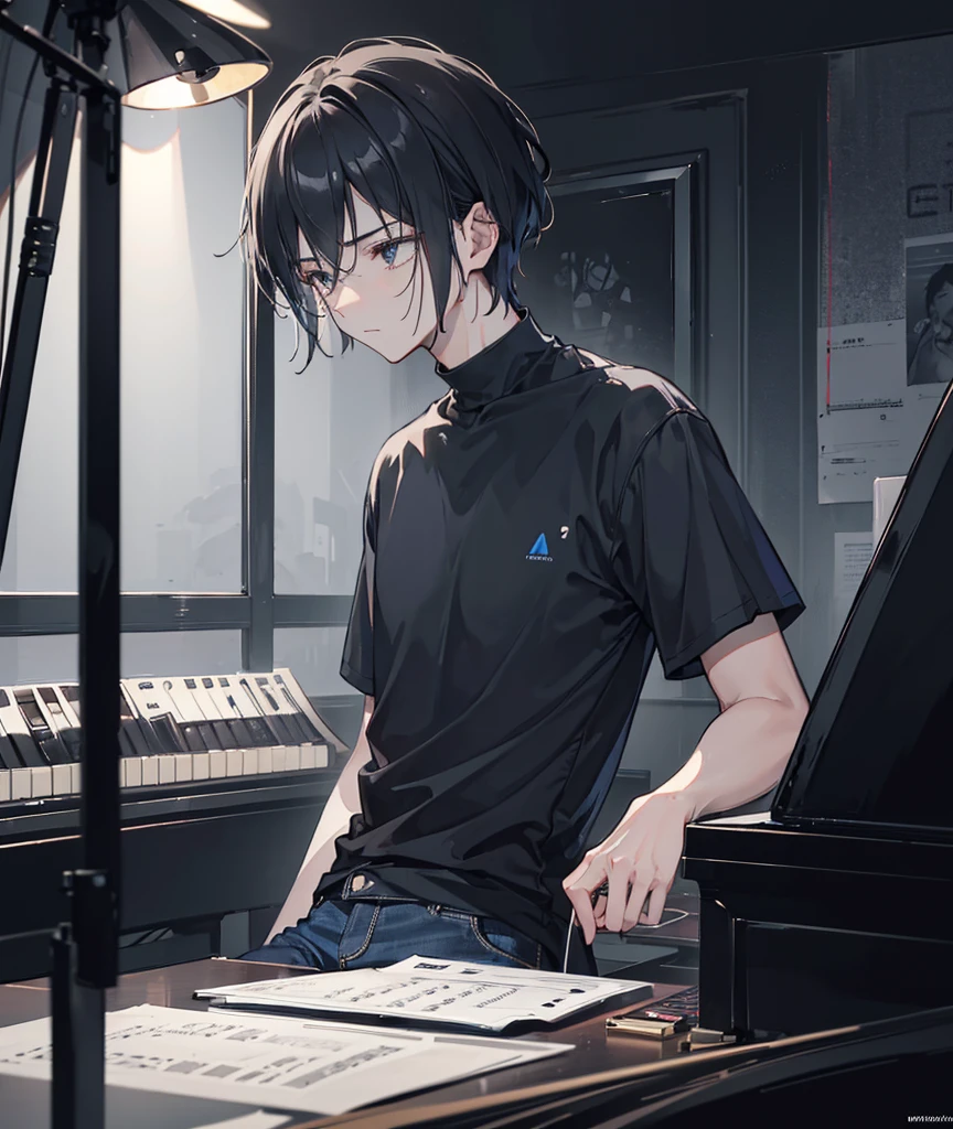 Capture a young man playing a piano in a dimly lit studio, exuding a somber and melancholic mood. He is dressed in a simple, casual outfit, perhaps a plain shirt and jeans, his expression reflecting deep emotion and sadness. The lighting is soft, casting gentle shadows that emphasize the reflective atmosphere. In the background, a sign or logo that reads 'JM Music' is subtly illuminated, adding a touch of professionalism to the scene. The focus should be on his pensive demeanor and the melancholic ambiance, highlighting the emotional connection between the musician and his music."
