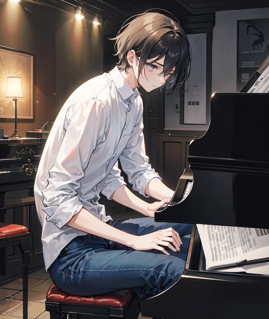 Capture a young man playing a piano in a dimly lit studio, exuding a somber and melancholic mood. He is dressed in a simple, casual outfit, perhaps a plain shirt and jeans, his expression reflecting deep emotion and sadness. The lighting is soft, casting gentle shadows that emphasize the reflective atmosphere. In the background, a sign or logo that reads 'JM Music' is subtly illuminated, adding a touch of professionalism to the scene. The focus should be on his pensive demeanor and the melancholic ambiance, highlighting the emotional connection between the musician and his music."