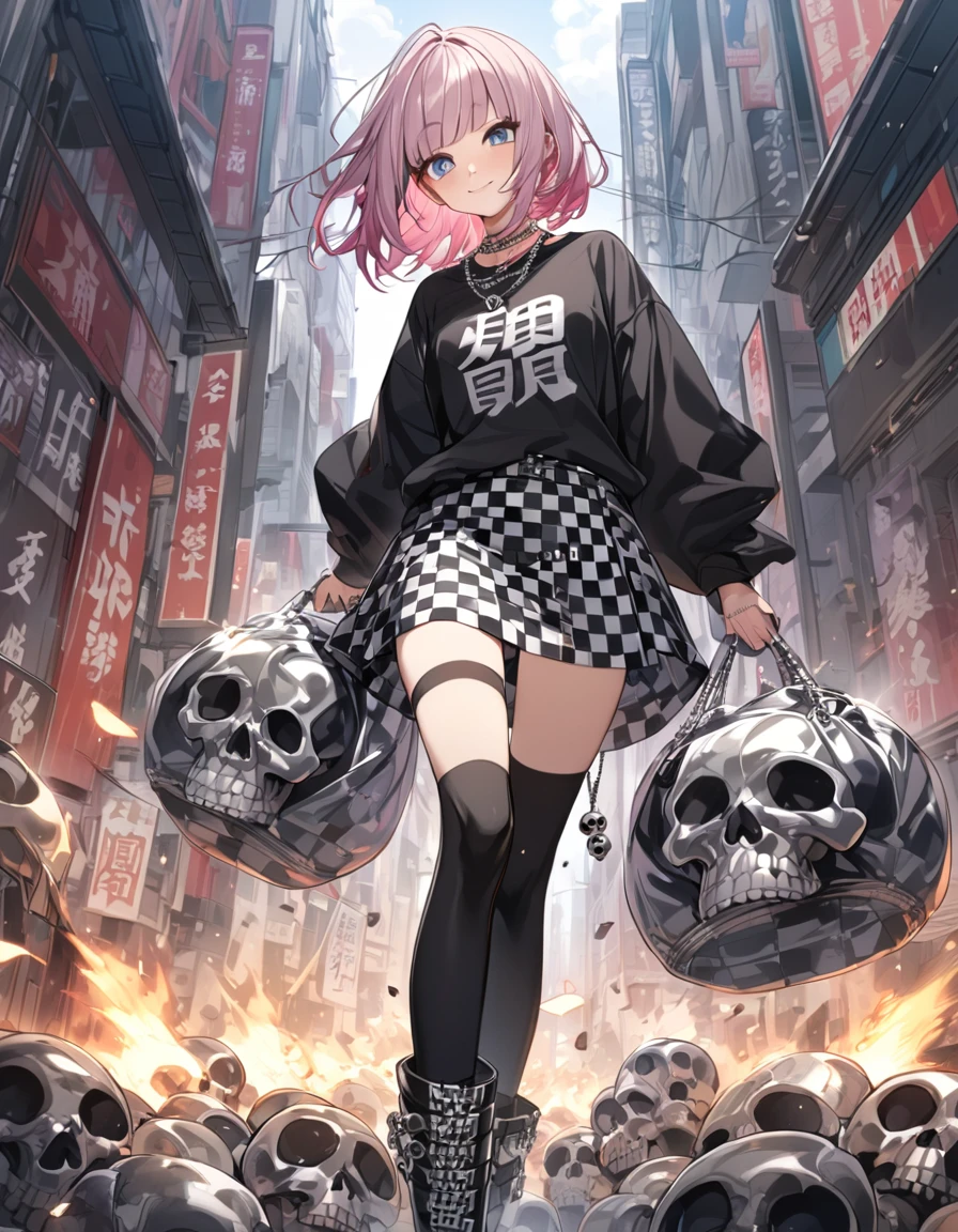 masterpiece, best quality, ultra-detailed, 1girl, pink hair, short hair, ((blunt bangs)), flipped hair, (jitome), blue eyes, Medium chest、slim、Cowboy Shot、smile 、BREAK, (visual-kei, v-Kei:1.0), (black (oversized baggy:1.2) long sleeve t-shirt:1.2) with a (tattered elongated long sleeve), (tucked out:1.4), (skulls and Kanji characters printed on t-shirt:1.2), BREAK, (black knee-high:1.5), (oversized baggy boots:1.2), (black checkered mini skirt:1.5), (many silver accessories, necklaces:1.2), 