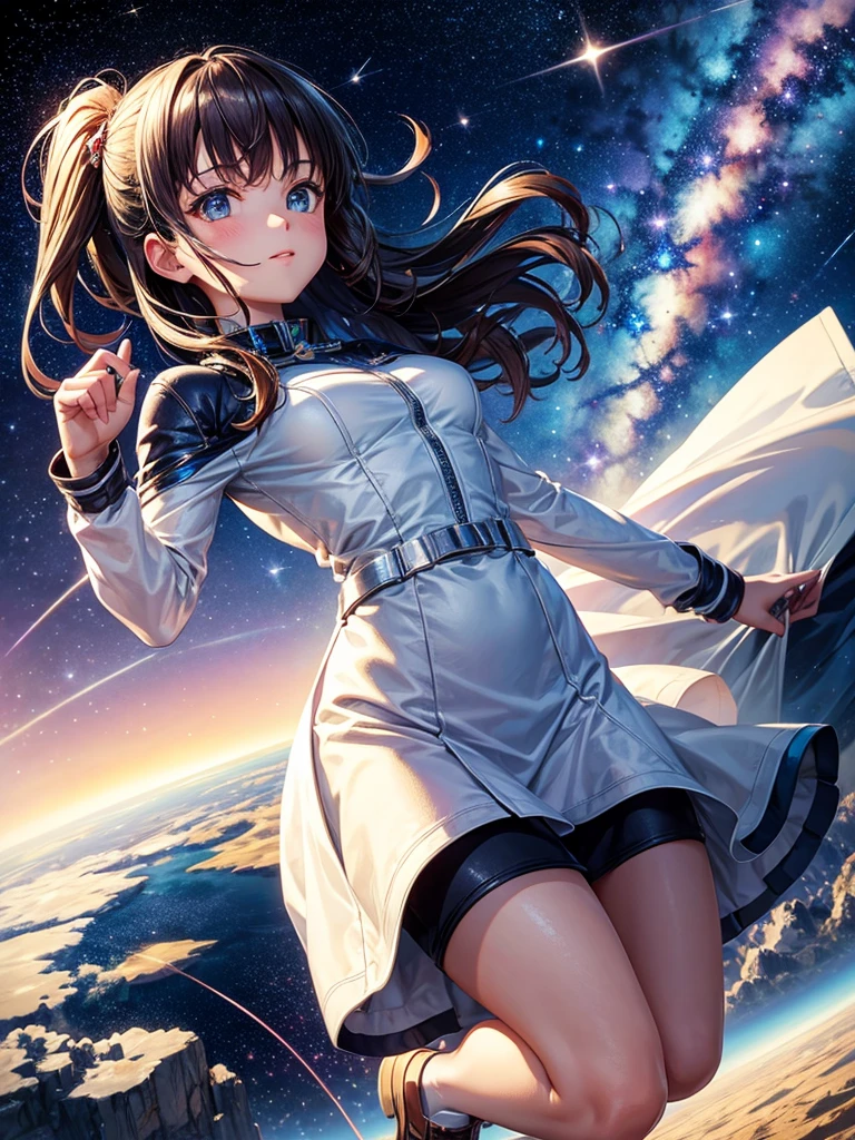Highest quality,Highest Resolution,A beautiful girl from the future flying in space,Earth in the background,Milky Way,