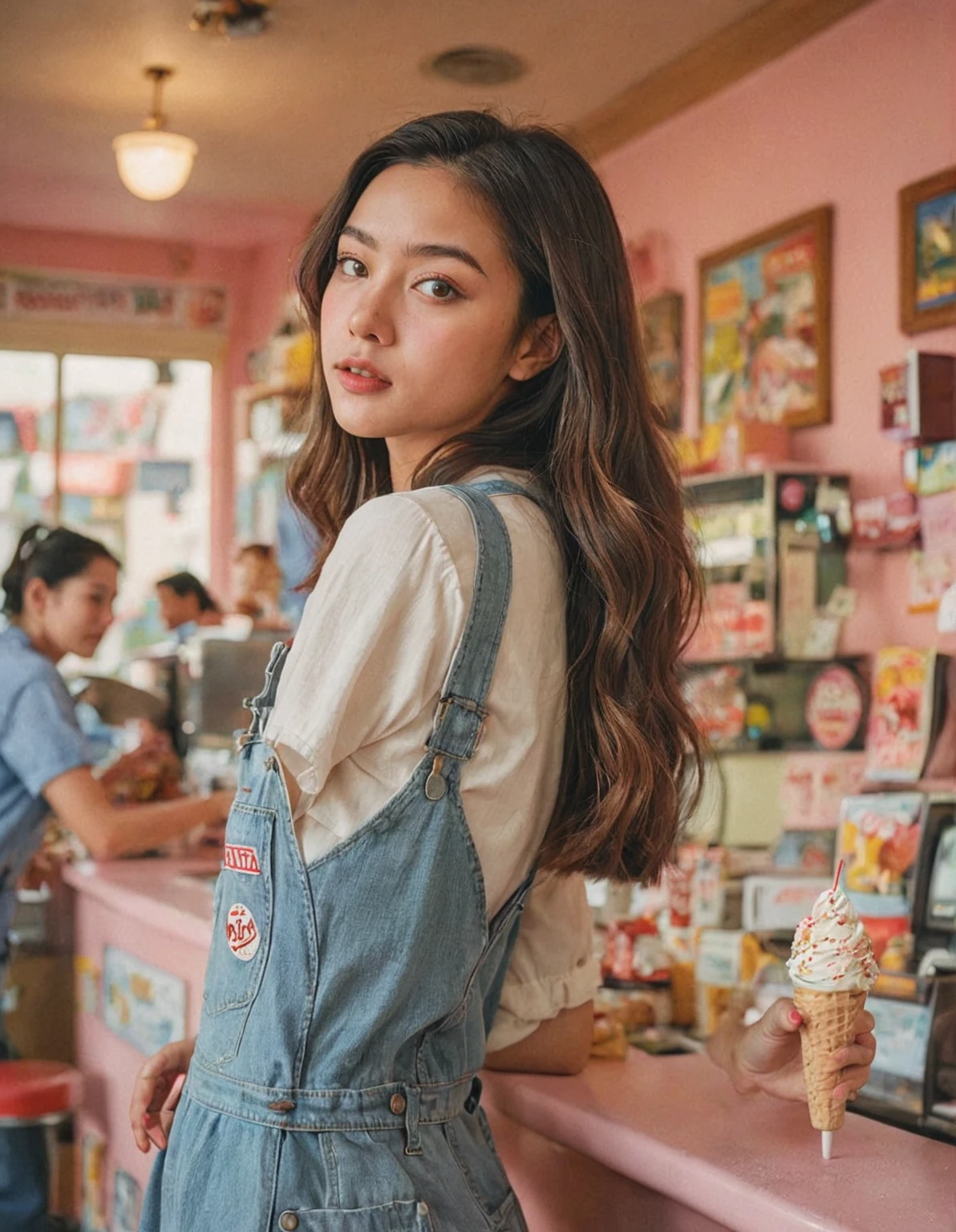 Portrait MagMix Girl look at camera, long hair, Overalls, Retro ice cream parlor with pastel-colored walls, a classic soda fountain counter, and vintage ice cream posters, bathed in warm sunlight, analog film photo, Kodachrome.