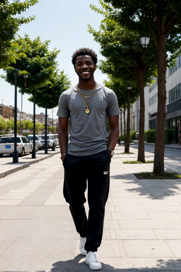 A young, smiling Black man with very short curly hair. He is wearing a casual gray t-shirt with bold blue text and black pants, with visible shoes. He has a gold necklace and a black wristwatch. He is standing confidently with one hand in his pocket and the other relaxed at his side. The man has a regular, average body type. The background is a clean, modern urban street with stylish buildings, greenery, and a few pedestrians walking by. The atmosphere is vibrant and contemporary, with a clear, sunny sky. High detail and photorealistic style.