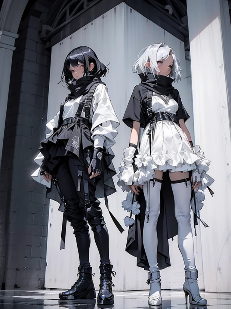 (Absurd, High resolution, Super detailed), masterpiece, Highest quality, 1 person, Bright costumes, has two swords, Silver Hair, Short sleeve shirt, scarf, From below, Girls Shots,1 personの女の子, Standing pose, whole body, compensate, mascara, Soft lips、Or colored, clean, Sharp Project, Fluid silhouette, Geometric, Elegant and luxurious materials and design, Minimal accessories, Silver or gold necklaces and thin rings, Differentiated Design, High Quality Materials, Fresh, High Fashion, 