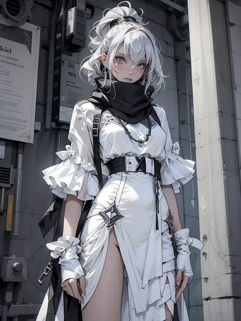 (Absurd, High resolution, Super detailed), masterpiece, Highest quality, 1 person, Bright costumes, has two swords, Silver Hair, Short sleeve shirt, scarf, From below, Girls Shots,1 personの女の子, Standing pose, whole body, compensate, mascara, Soft lips、Or colored, clean, Sharp Project, Fluid silhouette, Geometric, Elegant and luxurious materials and design, Minimal accessories, Silver or gold necklaces and thin rings, Differentiated Design, High Quality Materials, Fresh, High Fashion,