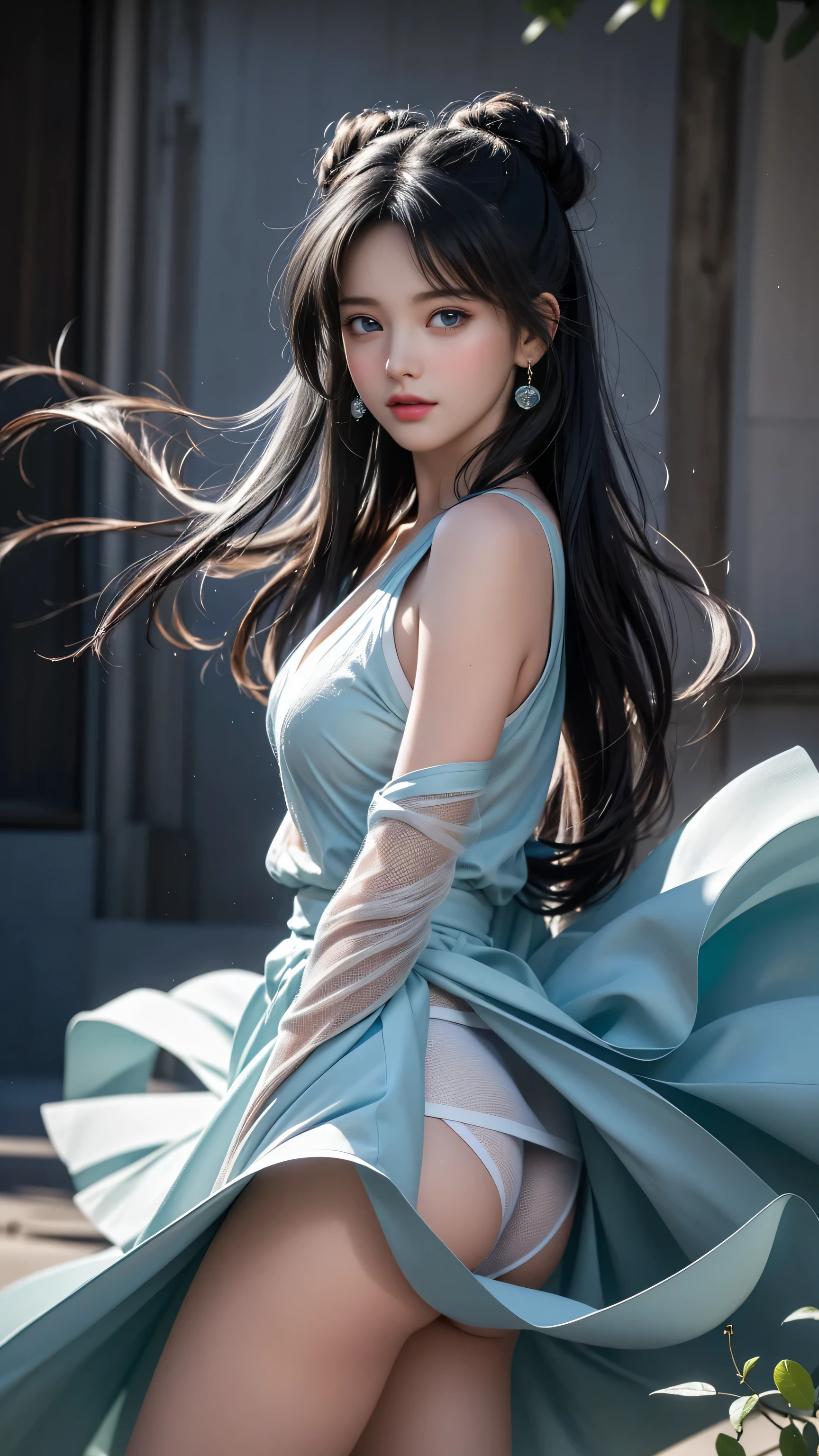 ((Girl standing in front of the wall of an old castle))、Double whirlwind pattern design clothing,Heterochromatic pupil,Silver Haired Girl,Free high resolution,Off the shoulder、Off the shoulder semi-transparent pure white dress in fluorescent colors、1 Girl、Look to the side、Beautiful Face、Beautiful Eyes、(Off the shoulder:1.2)、Upper Body、Shiny Hair、Glowing Skin、 Reduce glare、Adjusted finger proportions、escrow、ass pov、Dynamic Angle、(((Master Parts)))、(((Highest quality)))、(((Super-detailed))) detailed)、(An illustration)、(Detailed light)、(Very delicate and beautiful)、dramatic_Shadow、Ray_Tracking、reflection、 Ultra-high resolution、((Colorful and black hair mesh girls))、 Her hair flutters in the wind、(big deep blue eyes)、Black-haired woman、 Sparkling butterfly、Black-haired woman、Points of light around the woman、Magical Aura、Green dot、About Auras Nature、超Magical AuraBlack-haired woman,((Off the shoulder semi-transparent white dress:1.3))、(Sleeveless)、((My skirt is flying up in the wind)),((An old European castle looms in the distance)),((White panties are visible)),