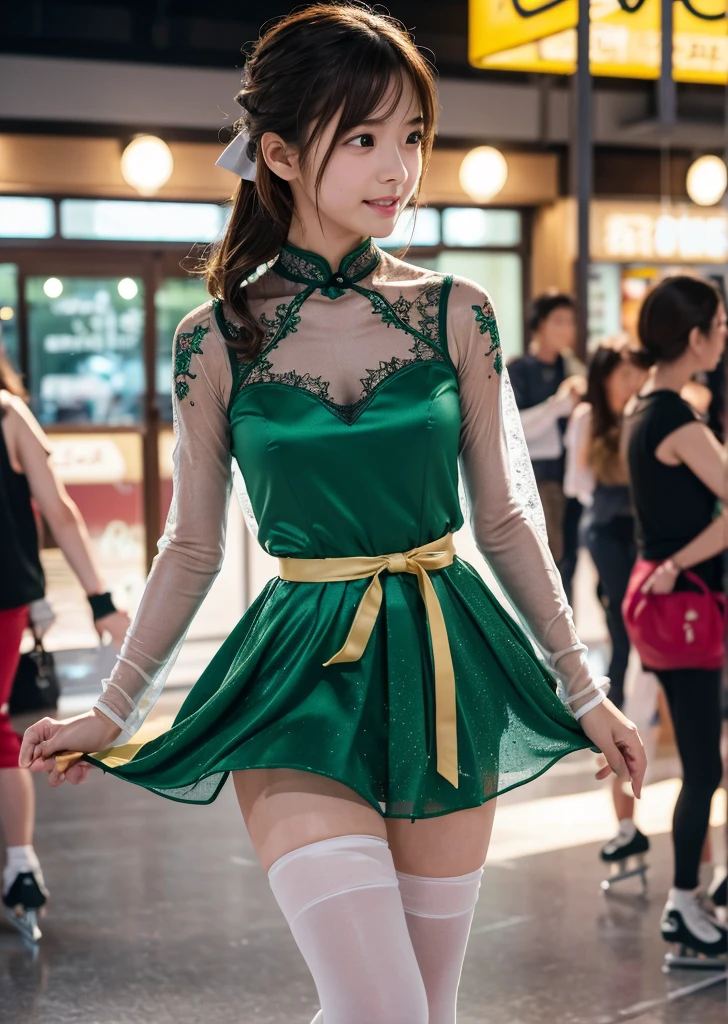 （Realistic, photo-Realistic:1.37),(8K, RAW Photos, Highest quality, masterpiece:1.2), cute, Ultra-detailed, 超High resolution, Kodak Vision Color, Filmed with an Arricam LT camera,Highest quality, Lively, 8K, High resolution, 1 girl, Escape, (Professional Lighting), (Portraiture:0.6), Brown Hair,21 years old、slender、Japanese、masterpiece, beautiful, elegant、(((masterpiece))), (((Highest quality))), (((Knee Ride))), ((グランドアイスskate展で踊る)), A lace cheongsam decorated with green glitter, See-through sleeves, Cinematic Light, Countless crowds, Wind, night, alone, High neck,  clavicle, Sweat, ribbon,  Open your mouth, shy, blush, Slim figure, skate,フィギュアskate、
