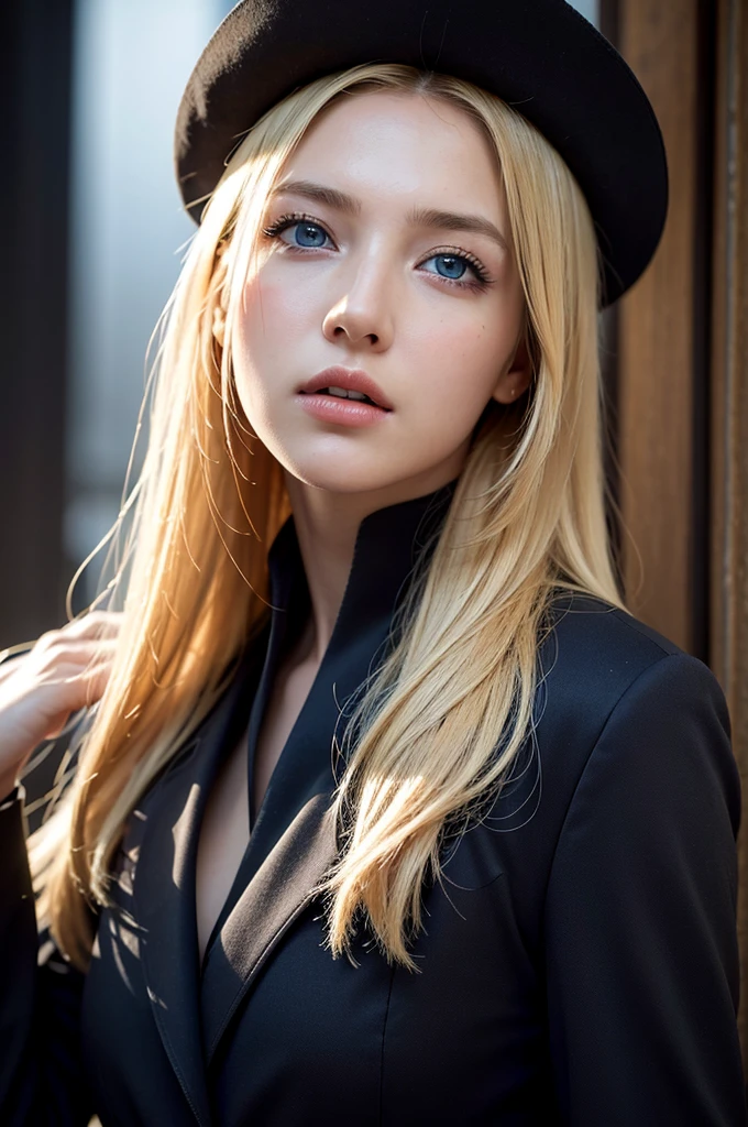 Best quality, masterpiece, ultra high res, (photorealistic:1.4), raw photo, 1girl, blonde hair, blue eyes, detailed eyes and face, black suit, dynamic lighting, in the dark, deep shadow, low key, cowboy shot full-lenght body
