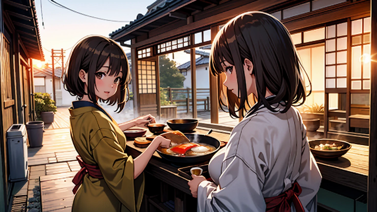 Woman making miso soup, wearing an apron, dusk, chill, Japanese-style kitchen, back view, looking at the back from the front, brown hair