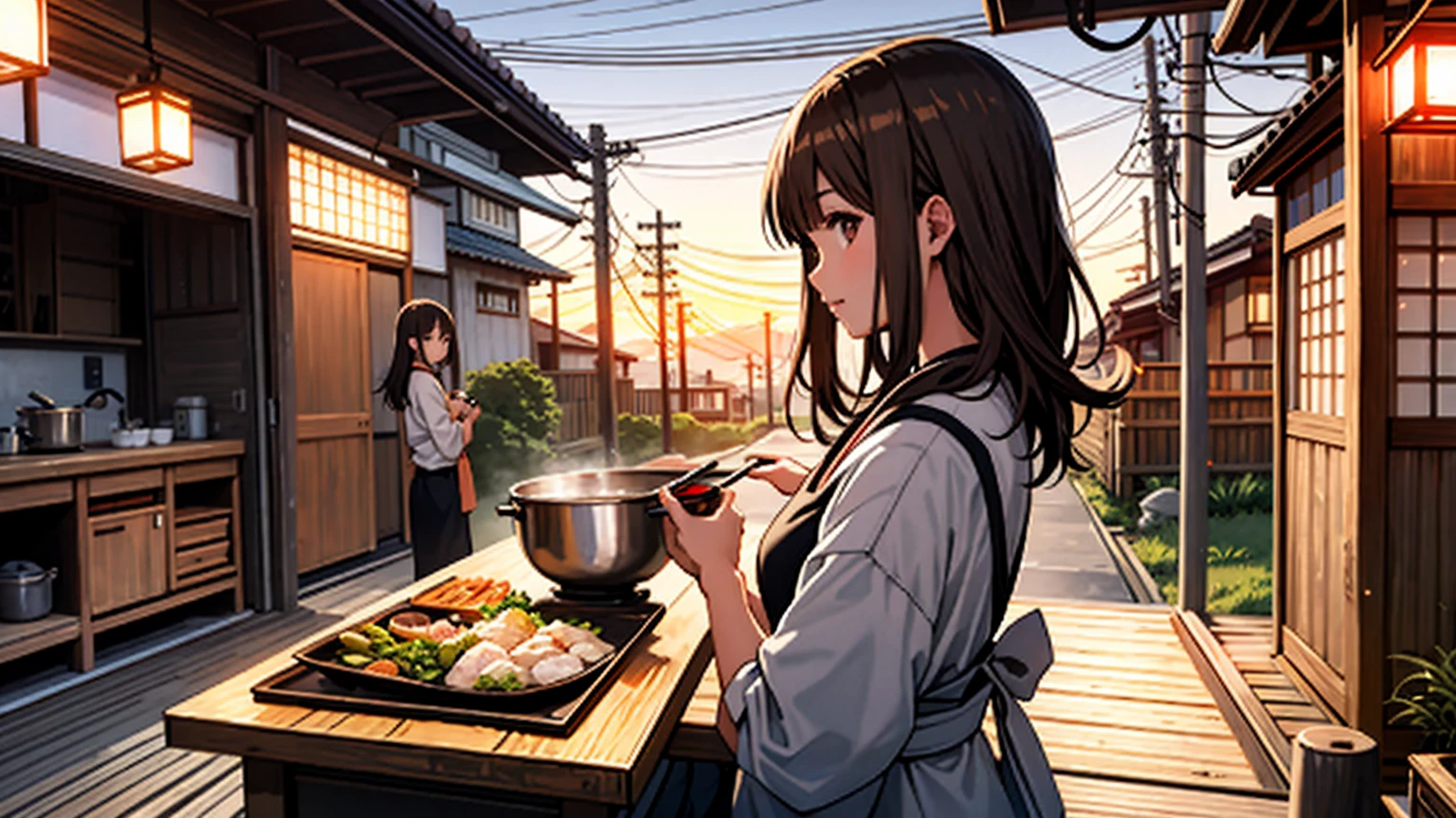 Woman making miso soup, wearing an apron, dusk, chill, Japanese-style kitchen, back view, looking at the back from the front, brown hair