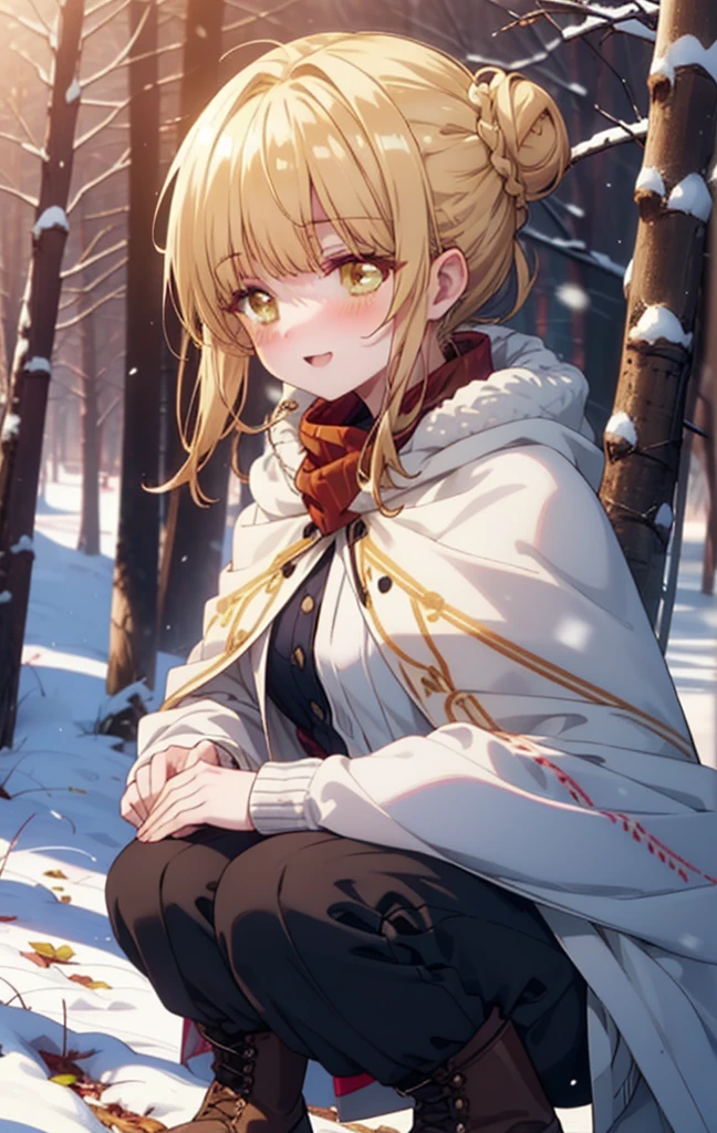 This is Mahirushiina, Mahiru Shiina, blonde, (Brown eyes:1.7), Long Hair, happy smile, smile, Open your mouth,Hair Bun, single Hair Bun,blush,White Breath,
Open your mouth,snow,Bonfire on the ground, Outdoor, boots, snowing, From the side, wood, suitcase, Cape, Blurred, Increase your meals, forest, White handbag, nature, Squat, Mouth closed, フードed Cape, winter, Written boundary depth, Black shoes, red Cape break looking at viewer, Upper Body, whole body, break Outdoor, forest, nature, break (masterpiece:1.2), Highest quality, High resolution, unity 8k wallpaper, (shape:0.8), (Beautiful and beautiful eyes:1.6), Highly detailed face, Perfect lighting, Extremely detailed CG, (Perfect hands, Perfect Anatomy),