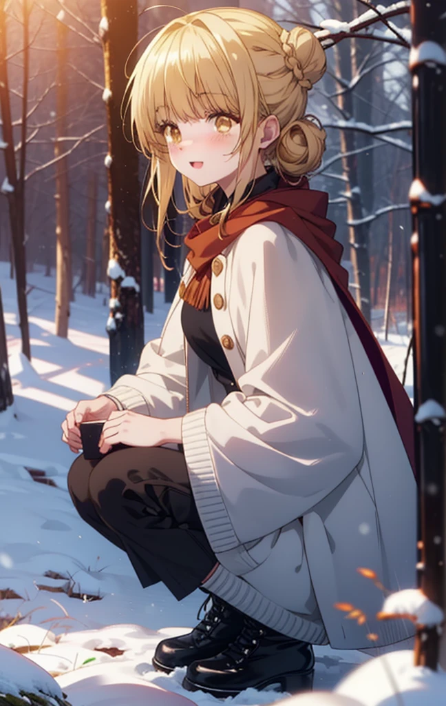 This is Mahirushiina, Mahiru Shiina, blonde, (Brown eyes:1.7), Long Hair, happy smile, smile, Open your mouth,Hair Bun, single Hair Bun,blush,White Breath,
Open your mouth,snow,Bonfire on the ground, Outdoor, boots, snowing, From the side, wood, suitcase, Cape, Blurred, Increase your meals, forest, White handbag, nature, Squat, Mouth closed, フードed Cape, winter, Written boundary depth, Black shoes, red Cape break looking at viewer, Upper Body, whole body, break Outdoor, forest, nature, break (masterpiece:1.2), Highest quality, High resolution, unity 8k wallpaper, (shape:0.8), (Beautiful and beautiful eyes:1.6), Highly detailed face, Perfect lighting, Extremely detailed CG, (Perfect hands, Perfect Anatomy),