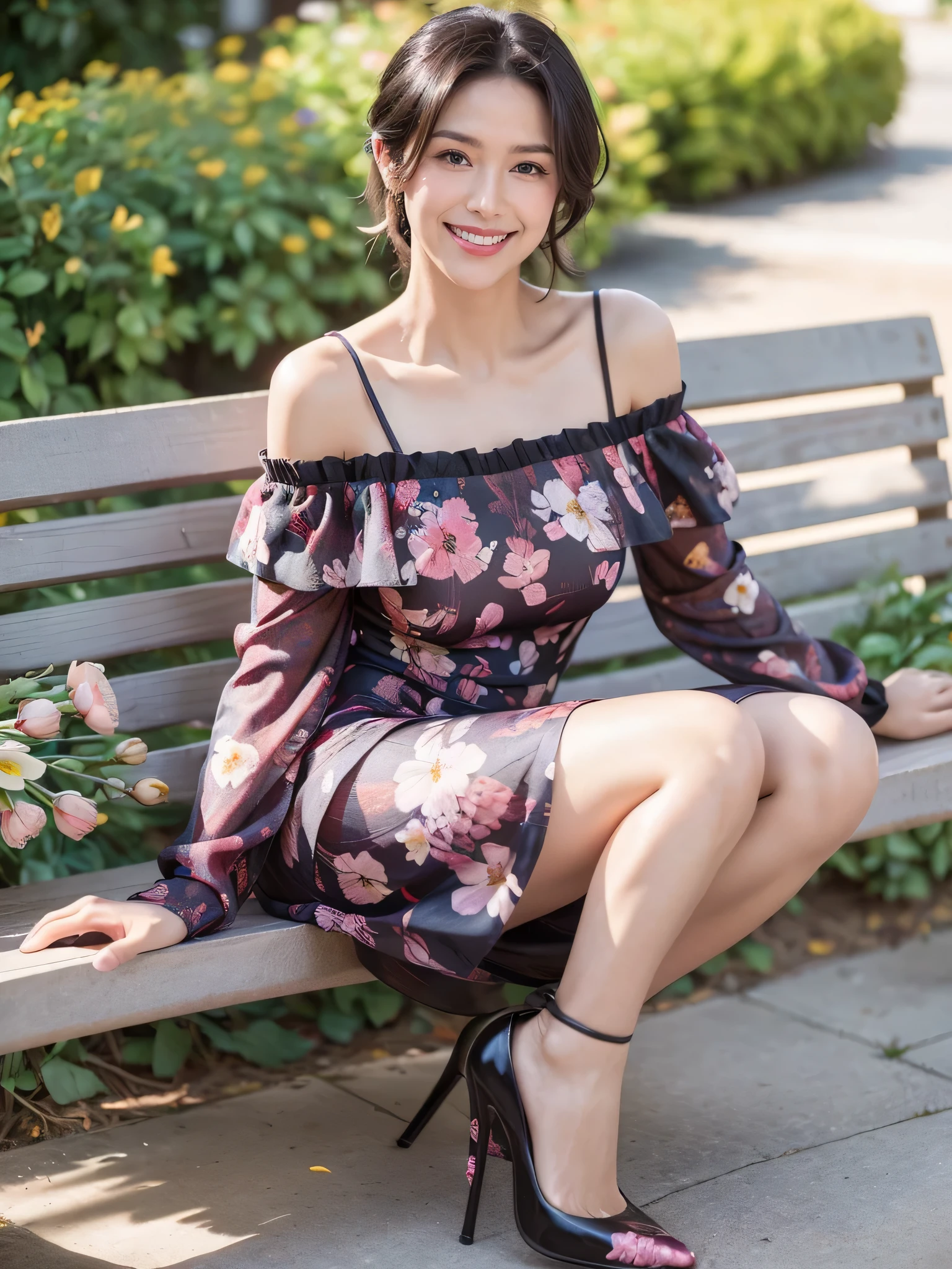 最high quality, 8K, Masseter area, Energetic, Clear focus, high quality, high resolution, Delicate face, Fine particles, thick lips, (Looking at the audience), Solitary, Beautiful woman, 38 years old, Plum, Black short hair, (Off-shoulder spaghetti strap floral dress:1.5), afternoon、In front of the park garden,(Sitting on a bench:1.5)、((Smile:1.5))、((Wearing black high heels))
