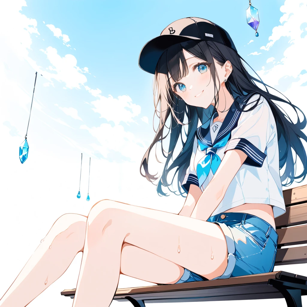1人のgirl, Long Hair, pastel colour, Portraiture, Medium Chest, Line art, Simple Background, (watercolor:0.5)、girl, Gemstone Eyes,cold、wind chimes、Cool composition、Cool pose、piece、Student clothes、Sailor suit、Wear a beige knit、Backlight、smiling、Cool smile、Summer sky、Summer sunshine、Girl sitting on a bench、Composition seen from below、Hair hanging down、Black sports cap、Putting your hair over your ears with one hand、A little bit of sweat、Denim shorts、ダメージDenim shorts、Black Hair、pale blue eyes