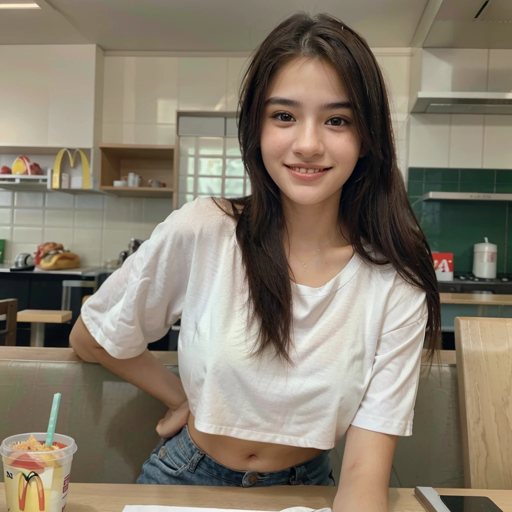ultra realistic photograph of a not very pretty 15 year old girl looking to her left side very subtly, sentada em uma mesa do McDonald's, com leve sorriso no rosto, background with medium blur, e sem palavras na imagem Beautiful tits.