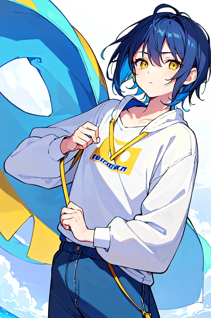[(WHITE BACKGROUND:1.5),::5], (((masterpiece))), high quality, very_high_resolution, large_filesize, upper body, full color, ((Solo)), ((little boy)), 13 old year, men's short deepblue hair, vivid color, ((yellow eye)), Summer clothes white, animestyle