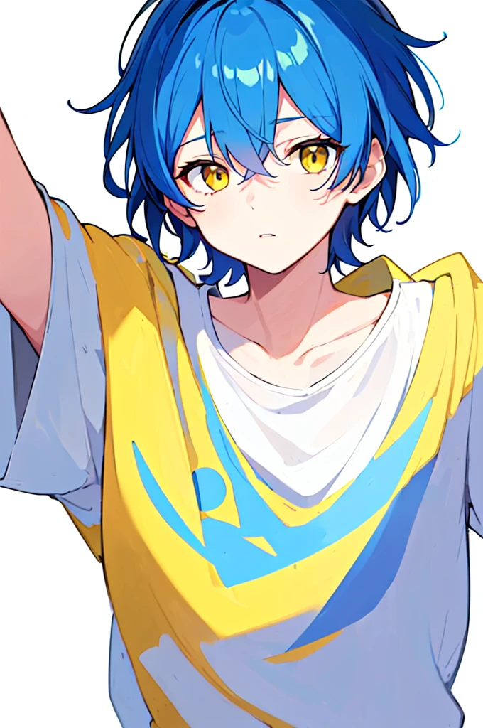 [(WHITE BACKGROUND:1.5),::5], (((masterpiece))), high quality, very_high_resolution, large_filesize, upper body, full color, ((Solo)), ((little boy)), 13 old year, men's short deepblue hair, vivid color, ((yellow eye)), Summer clothes white, animestyle
