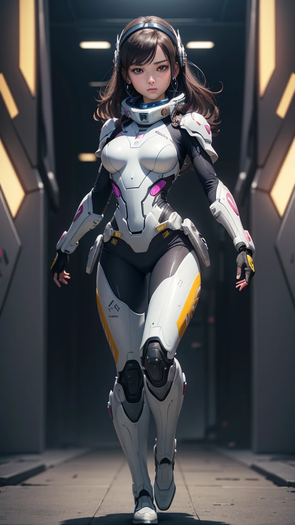 (Perfect Anatomy:1.4,Highest quality、超High resolution、High resolution、Highly detailed CG、8K Unit Wallpaper),((Biologically correct limb count))、(Symmetrical facial features))、Eyes with detailed description、Beautiful woman、Excellent style、(thin)、Facial detailing,masterpiece、Vibrant, Imaginary image of a girl in a mecha suit, ((Fly gracefully across the battlefield of the future)). The girl is full of energy, Bright colors contrast with muted hues, The mechanical beauty of the suit. The suit's vibrant colors and intricate details、Sophisticated, Mecha futuristic design.