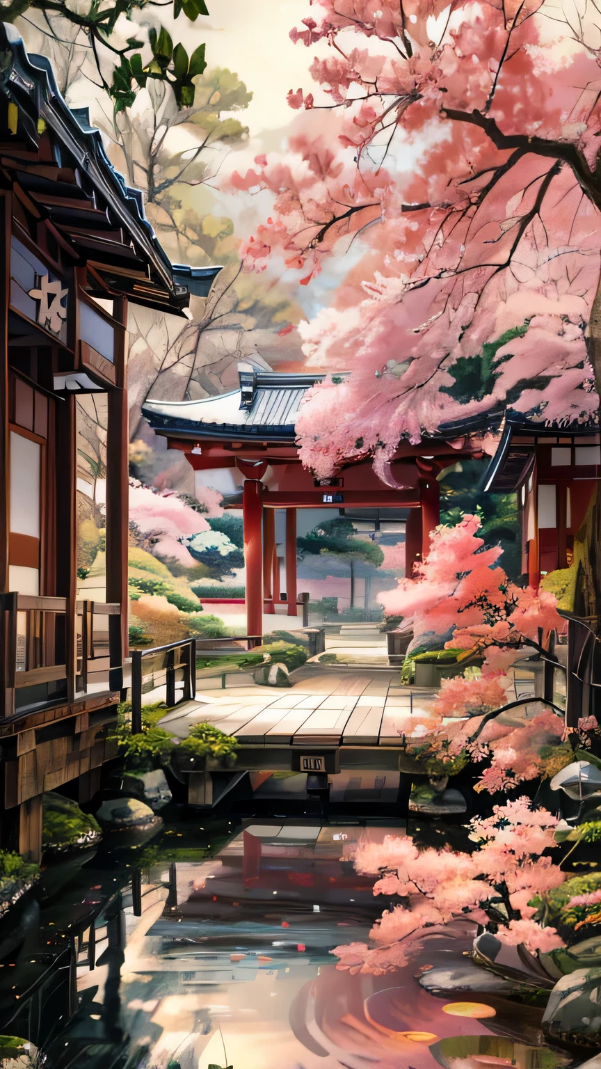 Painting of a Japanese garden with a pond and a bridge, Beautiful peaceful scene in anime, Anime Background art, Beautiful anime scene, Anime Background, beautiful Anime Scenery, Japanese art style, anime art wallpaper 4k, anime art wallpaper 4k, Anime Art Wallpapers 8K, Beautiful digital art, Beautiful Art UHD 4K, Anime Scenery, anime wallpaper 4k