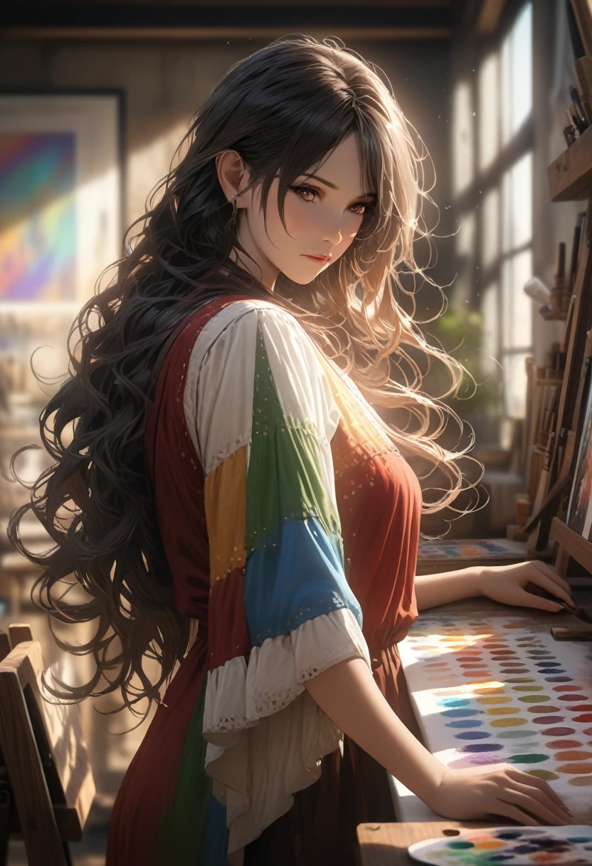 (best quality, 8k, masterpiece, highres, ultra-detailed), photorealistic, woman, art studio, painting, creative energy, concentrated expression, blending colors, palette, long flowing hair, vibrant hues, bohemian spirit, loose-fitting dress, colorful dress, layers of textures, patterns, artistic personality, relaxed pose, fluid movement, creative flow, natural light, soft shadows, artistic atmosphere, realistic skin.